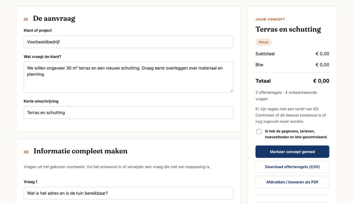Twee panelen uit de demo: links de vastgelegde aanvraag en de vervolgvragen, rechts het concept met subtotaal, btw en een knop om het concept gereed te melden.