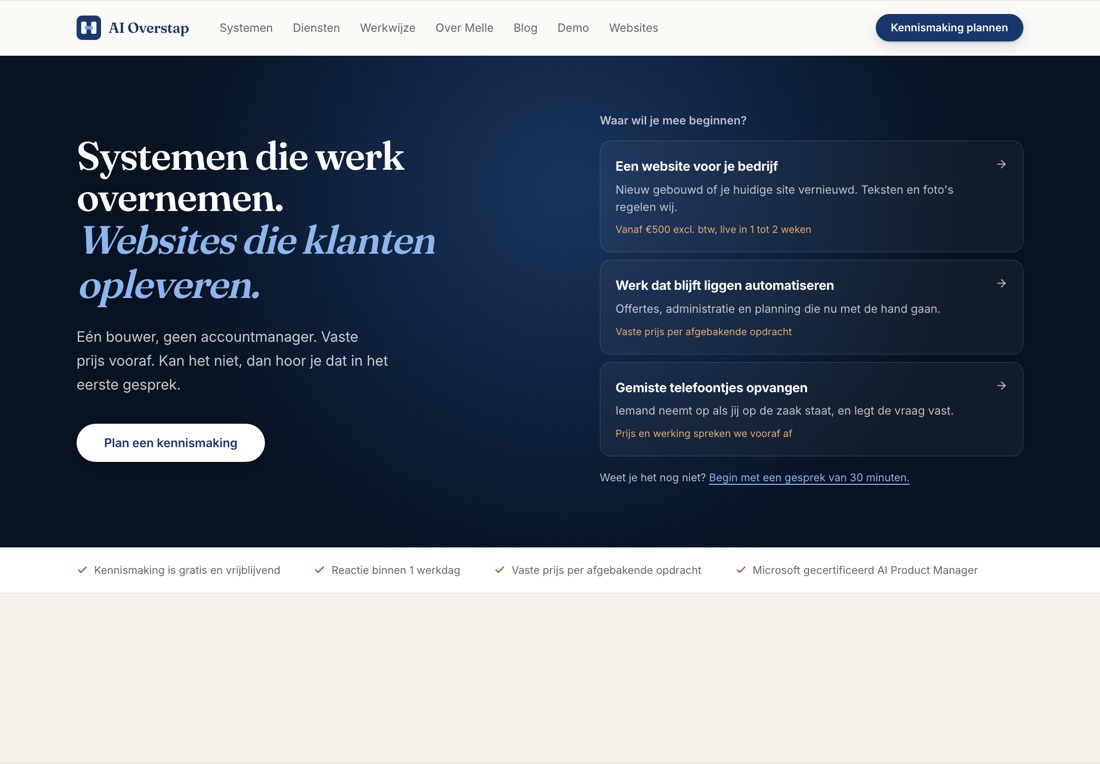 De site op een laptop: kop, korte uitleg en twee knoppen naast een overzicht met drie keuzes.