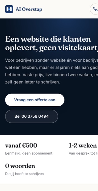 Dezelfde opzet op een telefoon: kop, prijs en een belknop binnen duimbereik.